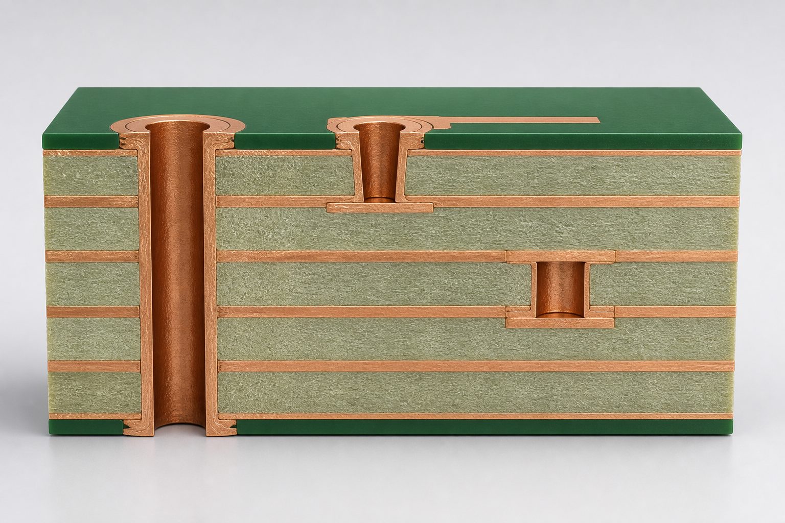 Cutaway showing through, blind and buried vias in a multilayer heavy copper PCB