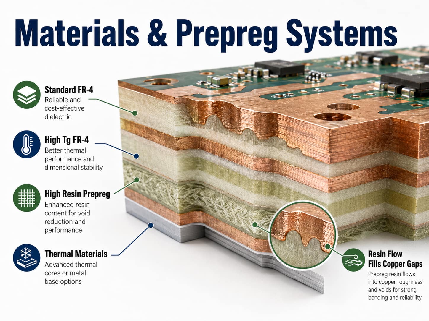 FR-4, high-Tg FR-4, high-resin prepreg, and thermal material systems for heavy copper PCBs