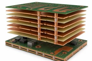 Exploded heavy copper PCB stackup with thick inner and outer copper layers and plated vias