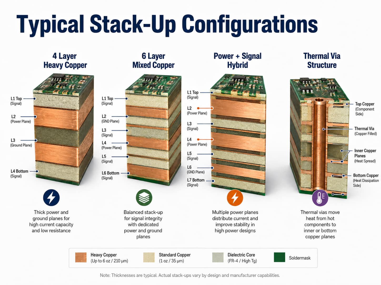 Typical four-layer, six-layer, mixed-copper, and thermal-via PCB stack-up configurations