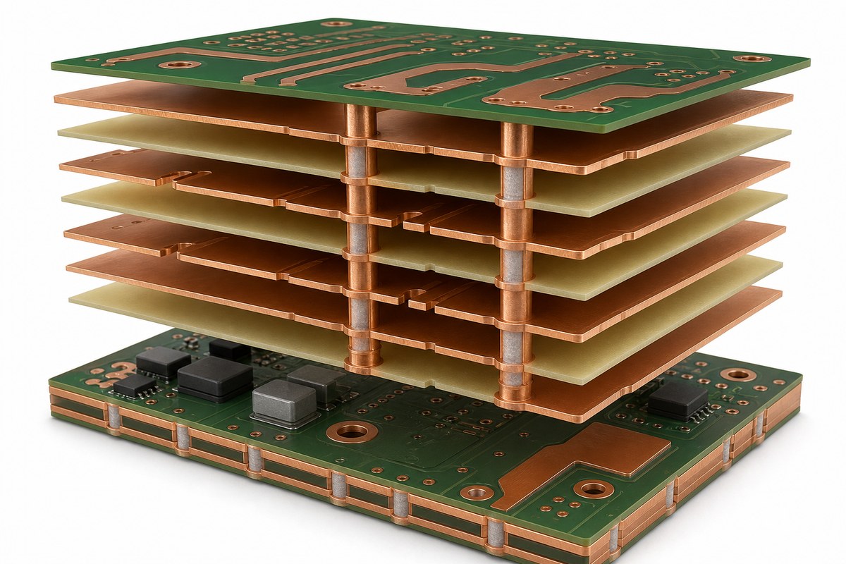 Exploded heavy copper PCB stackup with thick inner and outer copper layers and plated vias