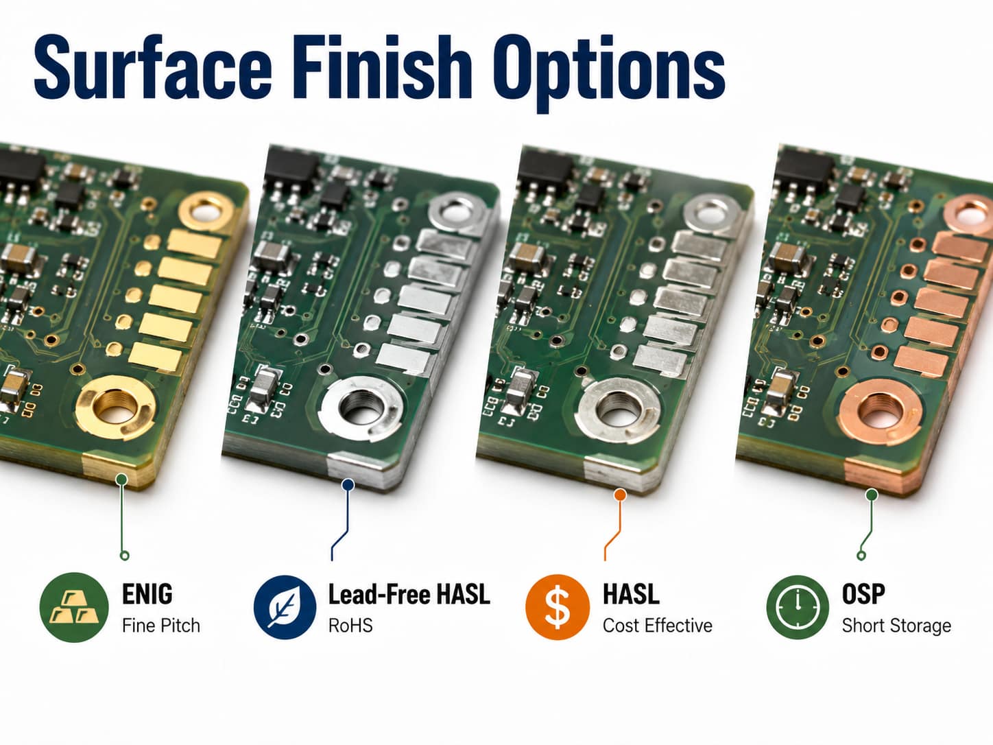 ENIG, lead-free HASL, HASL, and OSP surface finish options for heavy copper PCBs
