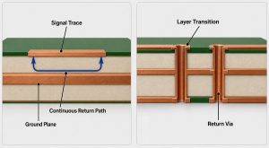 Labeled high speed PCB continuous return path and layer transition with a return via