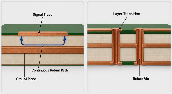 Labeled high speed PCB continuous return path and layer transition with a return via