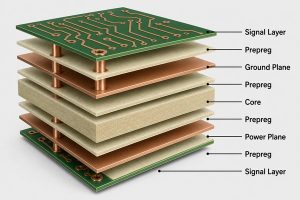 Labeled high speed PCB stackup with signal, ground, power, core, and prepreg layers