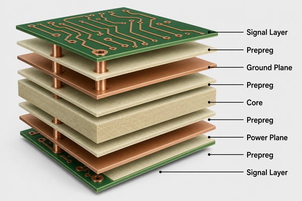 Labeled high speed PCB stackup with signal, ground, power, core, and prepreg layers