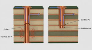 Labeled comparison of a high speed PCB via stub and a backdrilled via