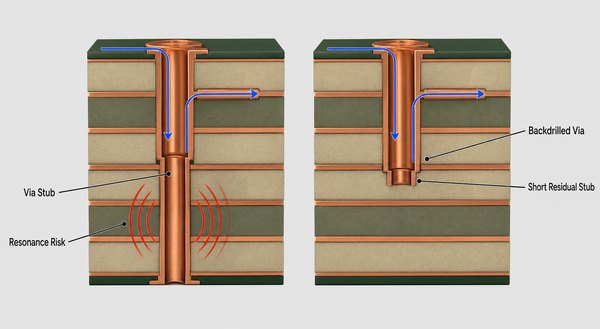 Labeled comparison of a high speed PCB via stub and a backdrilled via