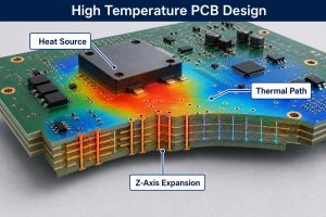 High Temperature PCB Design infographic showing a heat source, thermal path and Z-axis expansion
