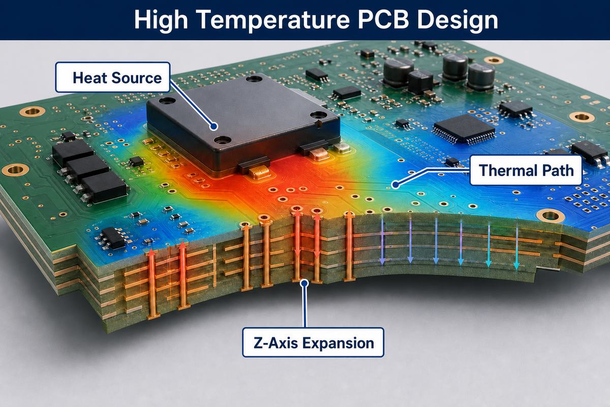 High Temperature PCB Design infographic showing a heat source, thermal path and Z-axis expansion