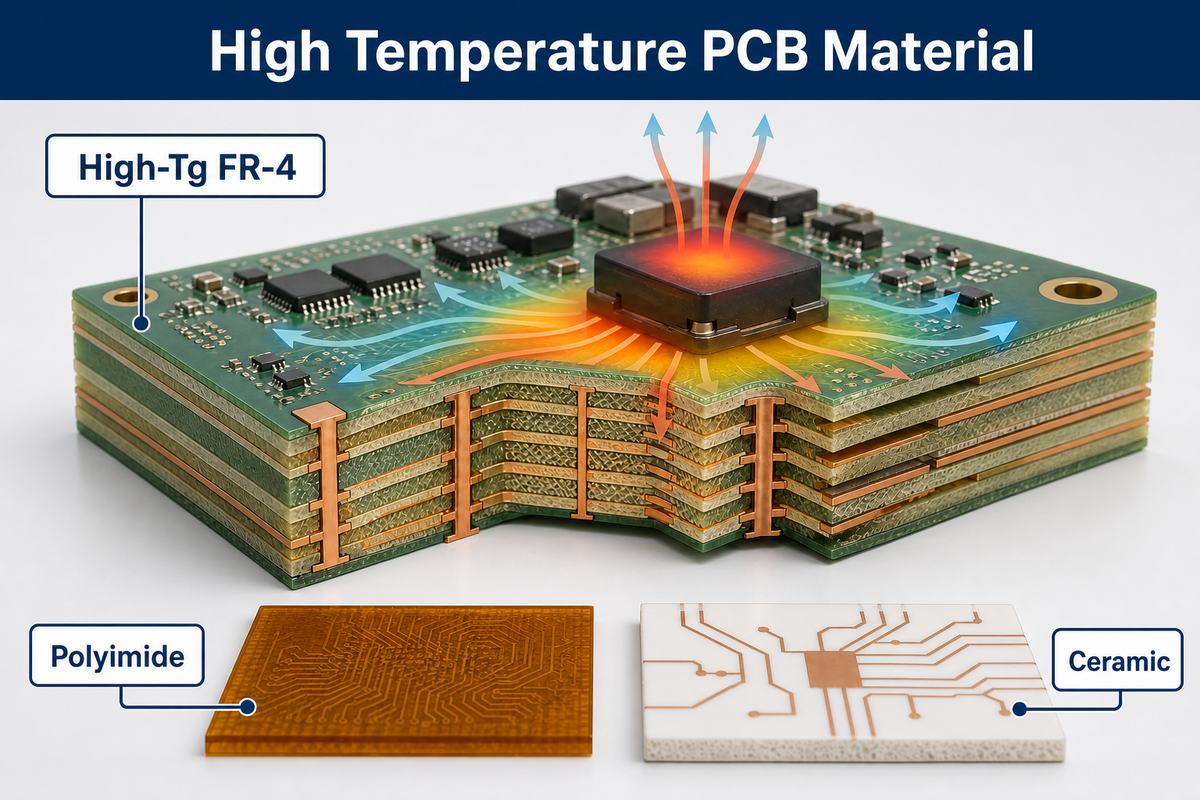 High Temperature PCB Material infographic showing high-Tg FR-4, polyimide and ceramic