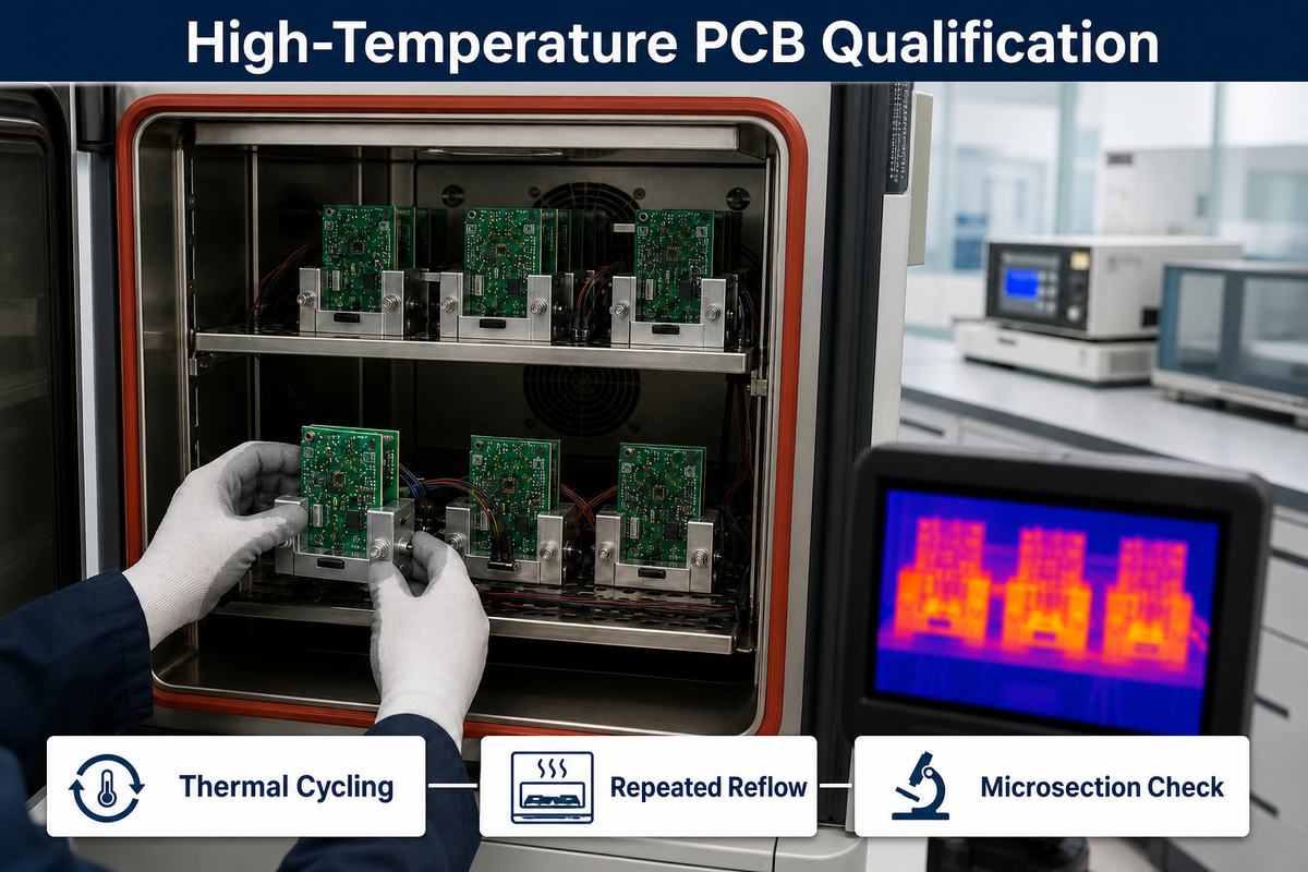 High-Temperature PCB Qualification with thermal cycling, repeated reflow and microsection checks
