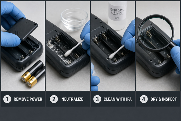 Steps for cleaning alkaline battery corrosion in small electronics
