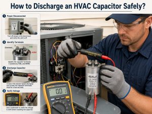 Step-by-step illustration showing how to discharge an HVAC capacitor safely