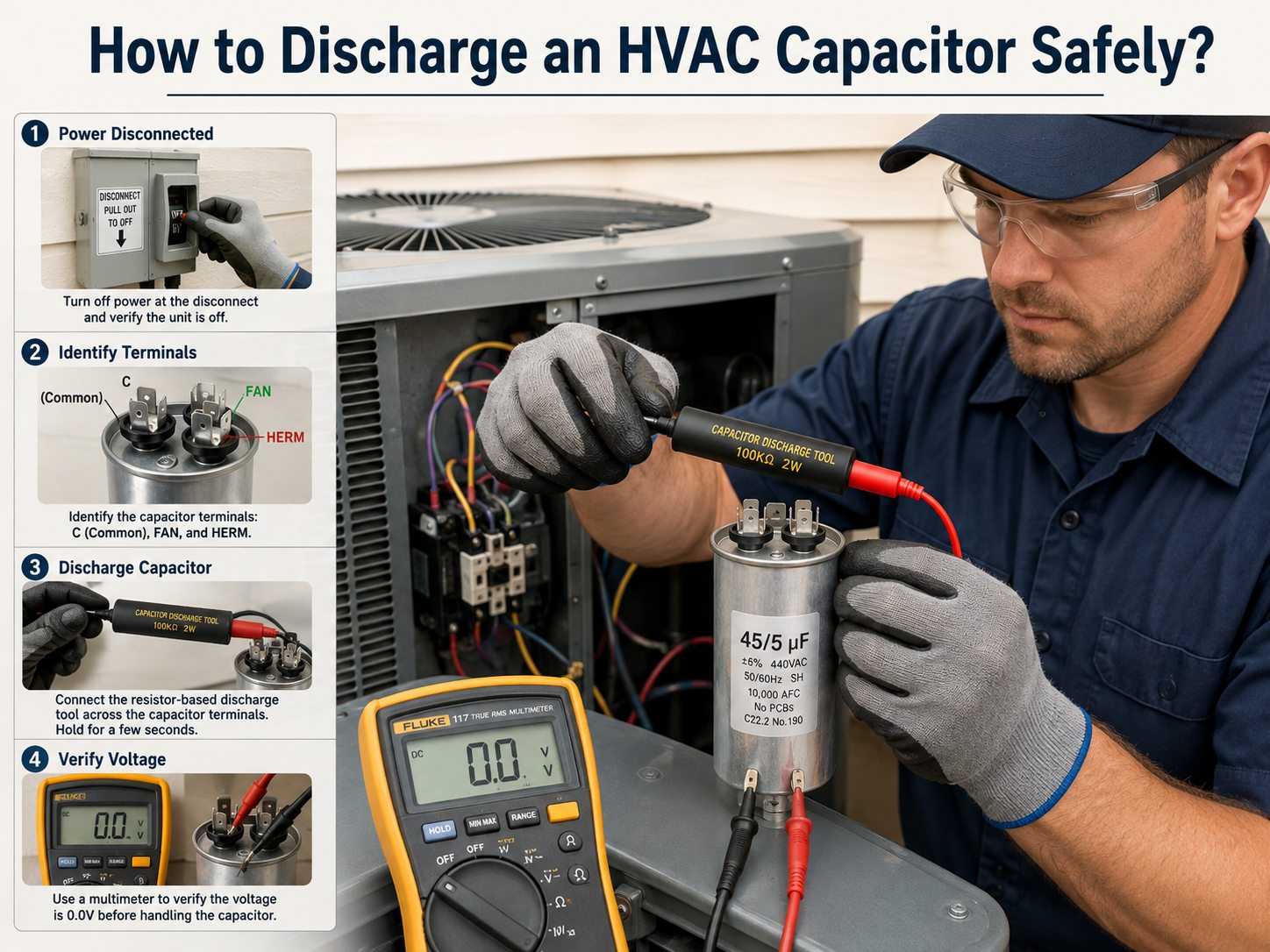 Step-by-step illustration showing how to discharge an HVAC capacitor safely
