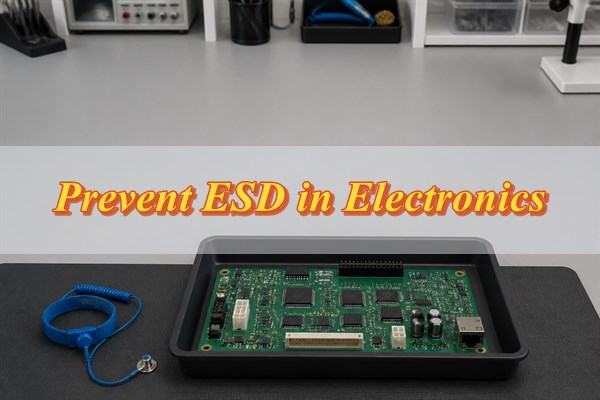 ESD-safe electronics workbench with a circuit board in a protective tray and a grounding wrist strap