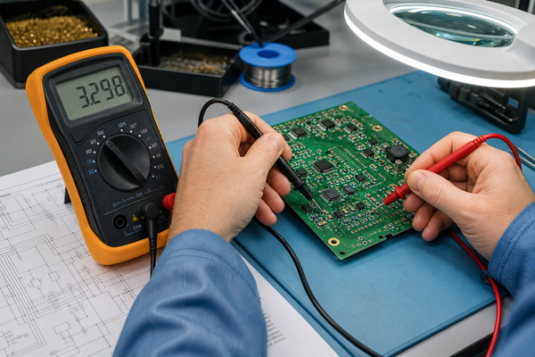 Technician checking PCB power rails with a digital multimeter