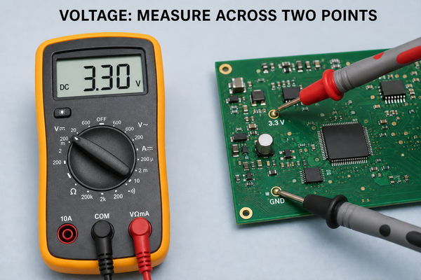 Multimeter measuring low-voltage PCB test points
