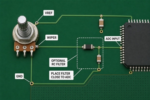 Potentiometer wiper connected to a microcontroller ADC with an RC filter