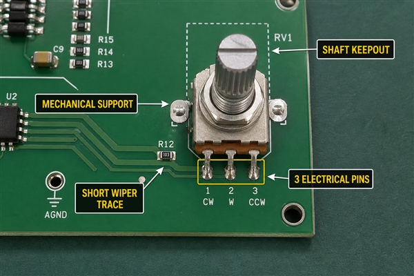 PCB potentiometer footprint with three pins support tabs and wiper routing