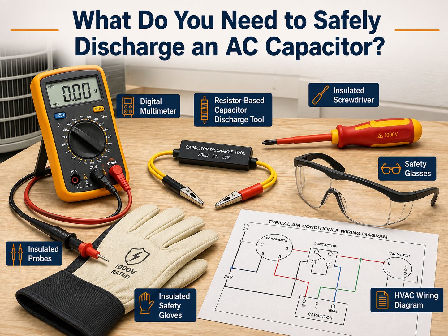 Tools needed to safely discharge an AC capacitor including multimeter, insulated probes and resistor discharge tool