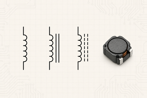 Electrical inductor symbol comparison for air core iron core and ferrite core types