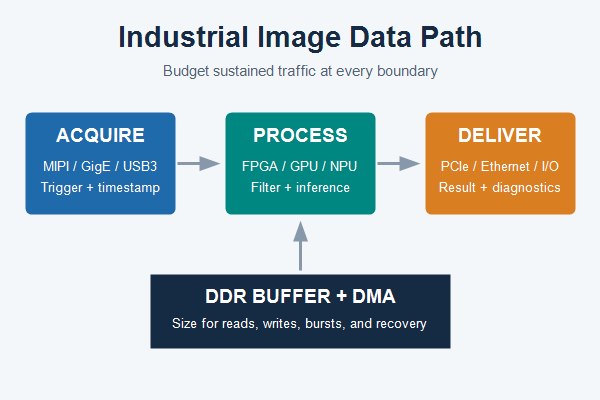 Industrial image data path from camera acquisition through FPGA GPU or NPU processing and DDR buffering to system output