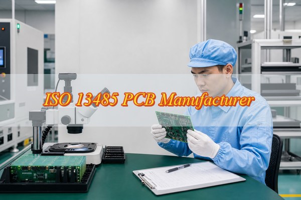 ISO 13485 PCB manufacturer, quality engineer inspecting a PCB in a controlled electronics factory