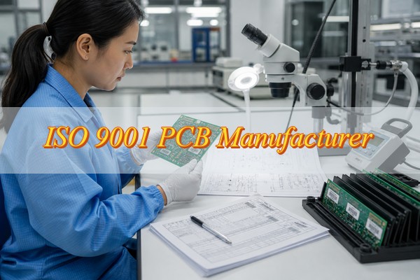 ISO 9001 PCB manufacturer, quality engineer reviewing a PCB and controlled fabrication documents