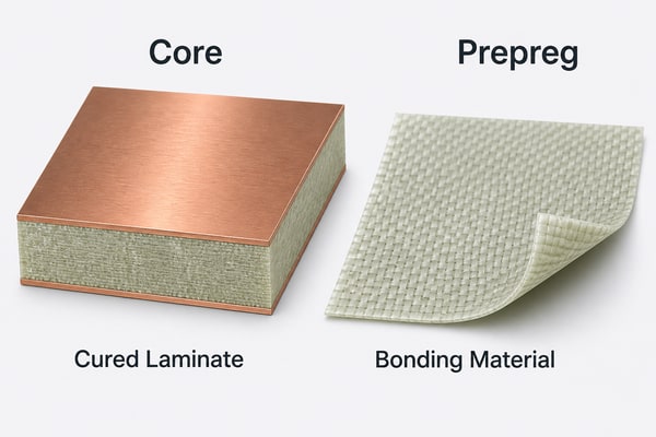 Cured copper-clad core compared with uncoppered prepreg bonding material