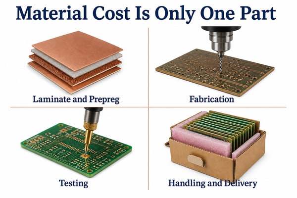 PCB cost categories showing materials, fabrication, testing, and handling without assigning cost shares