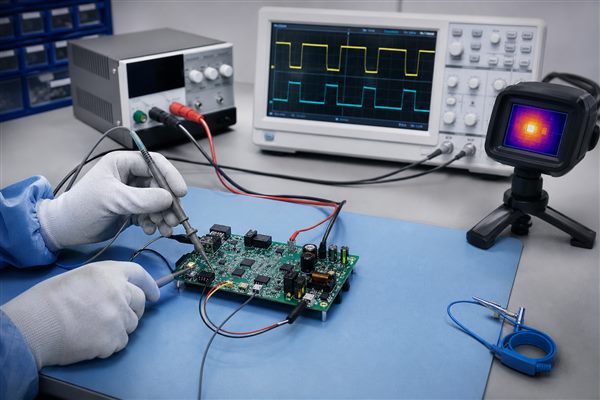 Laser diode driver board undergoing oscilloscope and thermal inspection on an ESD-safe bench