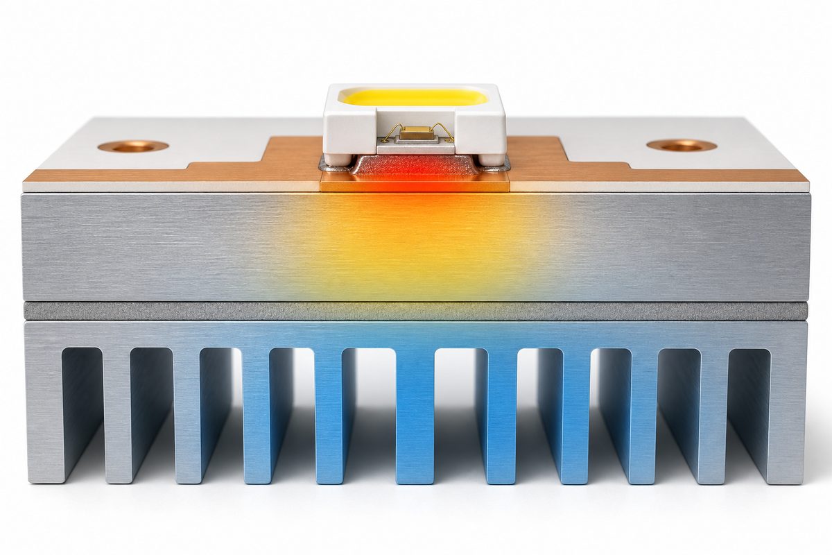 Sectional view of heat flowing from LED packages through copper dielectric aluminum base and heat sink