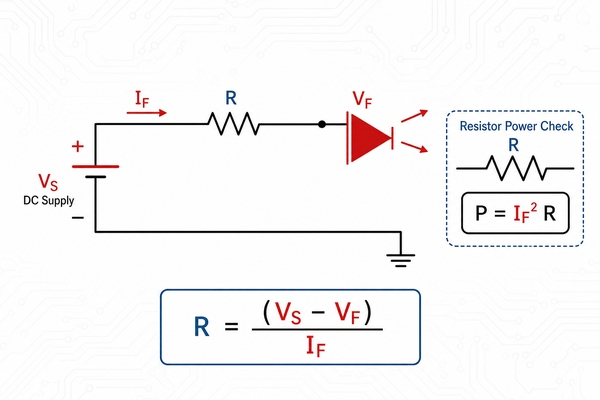 LED symbol circuit with current limiting resistor formula