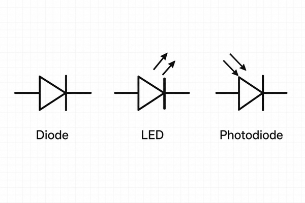 LED symbol compared with diode and photodiode symbols