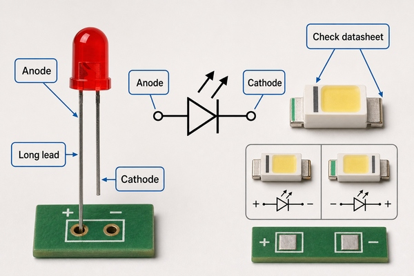 LED symbol polarity with anode cathode through-hole and SMD identification