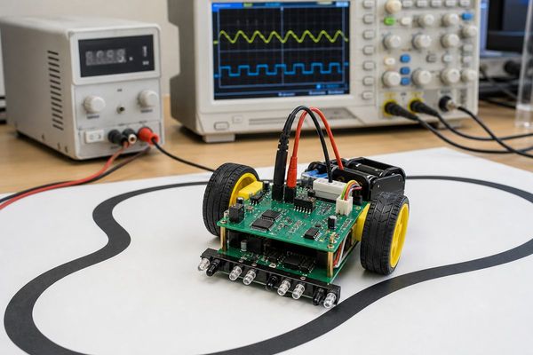 Line tracing robot PCB board functional testing on a controlled track