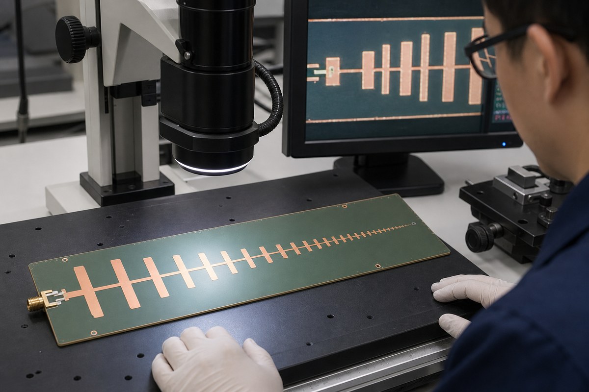 Optical dimensional inspection of copper elements on a printed LPDA antenna PCB