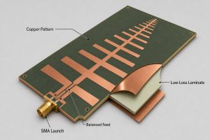 Cutaway view of an LPDA PCB showing the copper pattern, low-loss laminate, balanced feed, and SMA launch