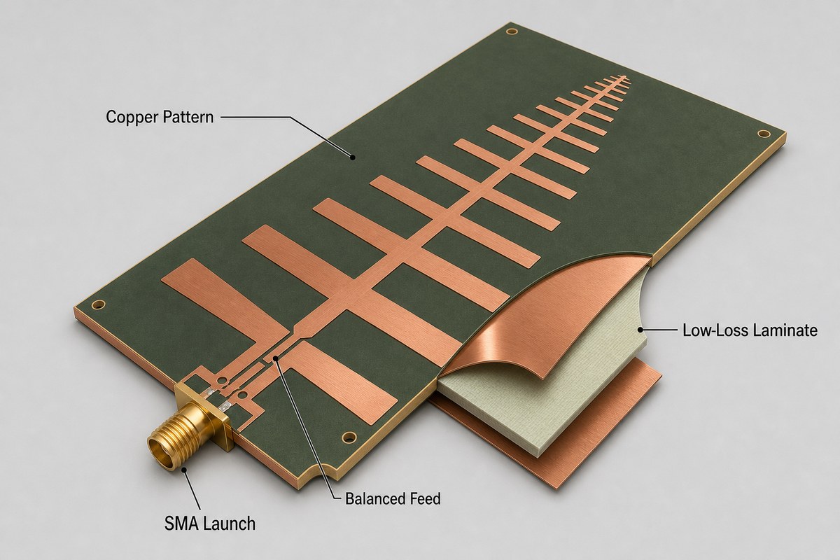 Cutaway view of an LPDA PCB showing the copper pattern, low-loss laminate, balanced feed, and SMA launch