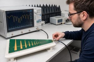 RF engineer measuring a printed LPDA antenna PCB with a vector network analyzer