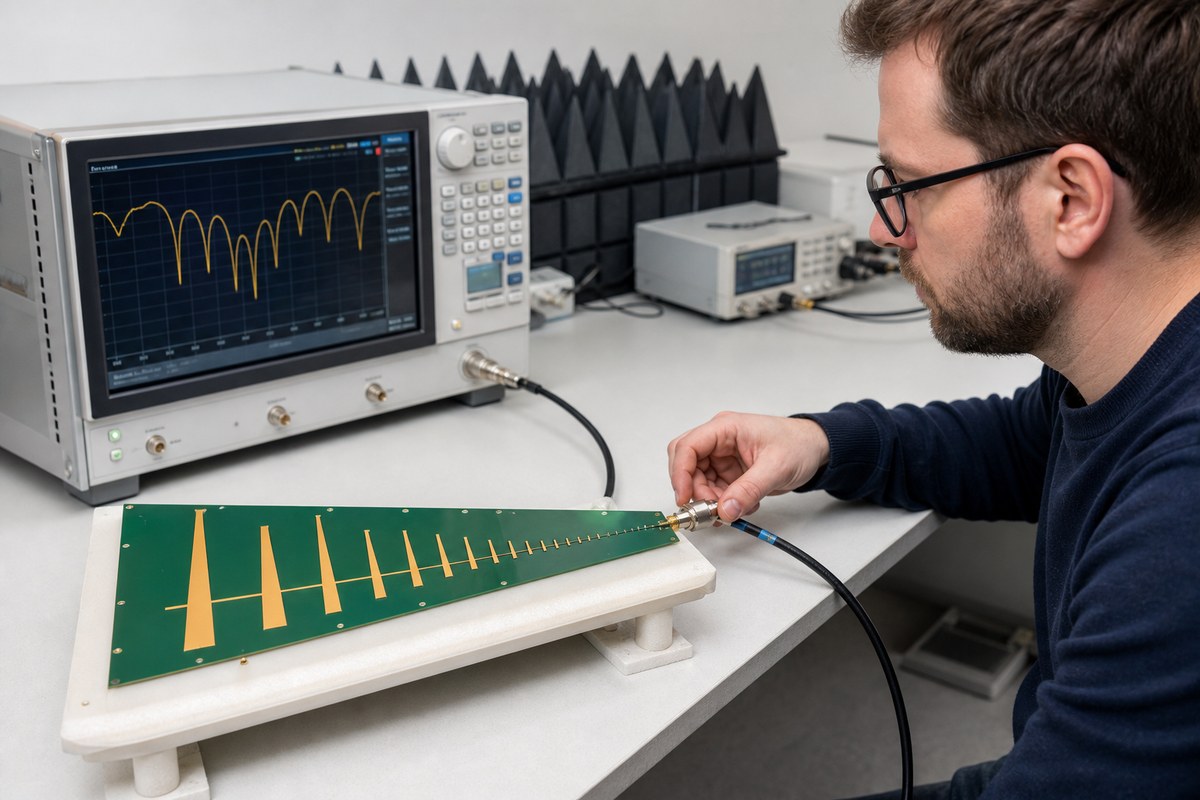 RF engineer measuring a printed LPDA antenna PCB with a vector network analyzer
