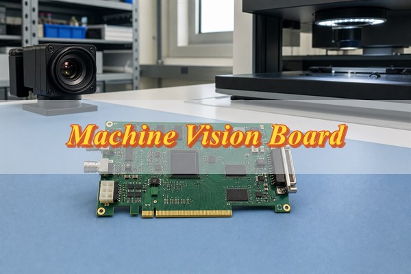 Machine vision board design beside an industrial camera and optical inspection equipment