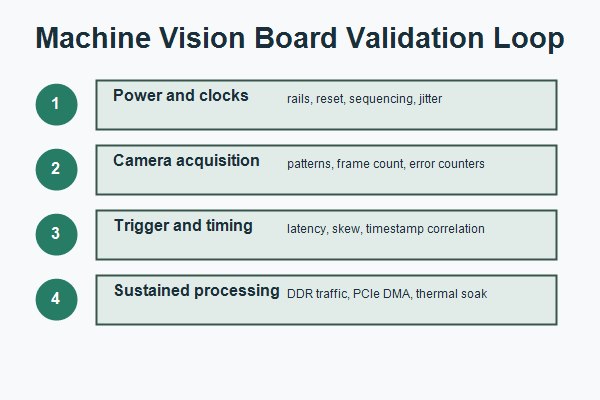 Machine vision board trigger synchronization and functional testing loop