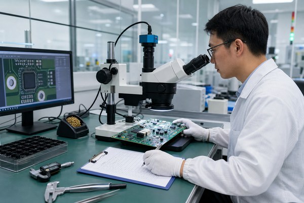 ISO 13485 PCB manufacturer, engineer inspecting a medical electronics PCBA under a microscope