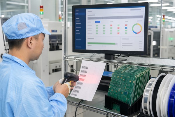 ISO 13485 PCB manufacturer, operator scanning a PCB lot traveler into an MES traceability system