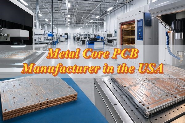 metal core PCB manufacturer in the USA, factory production floor with metal-core PCB panels and article title