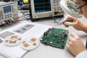 Engineer comparing MLCC datasheets and measuring a populated PCB
