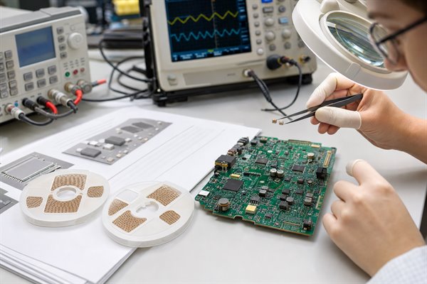 Engineer comparing MLCC datasheets and measuring a populated PCB