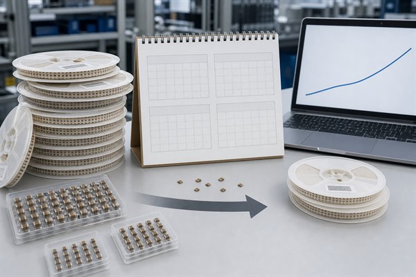 Reels of MLCC components and a procurement timeline on an electronics workbench
